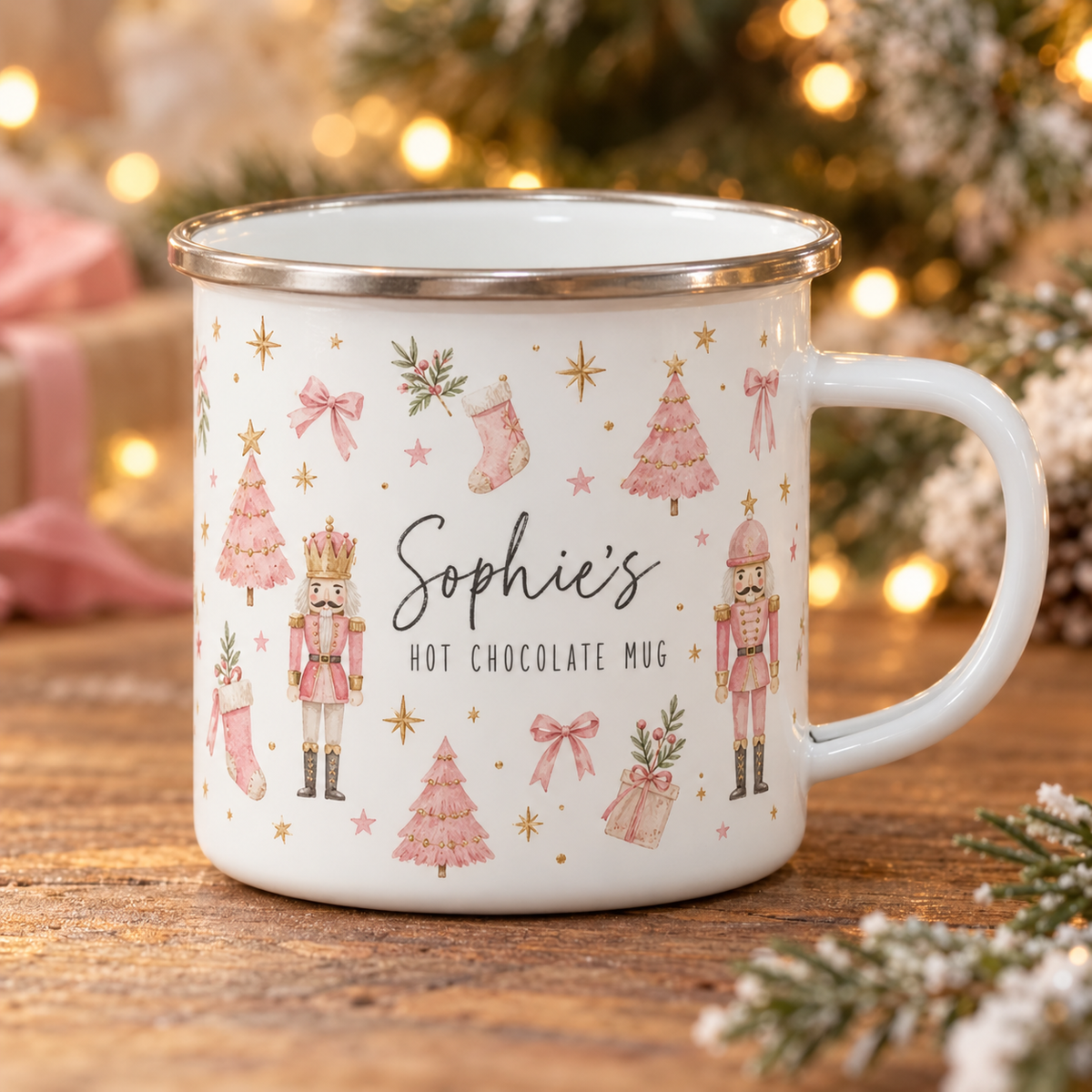 Personalised Pink Nutcracker Enamel Christmas Mug