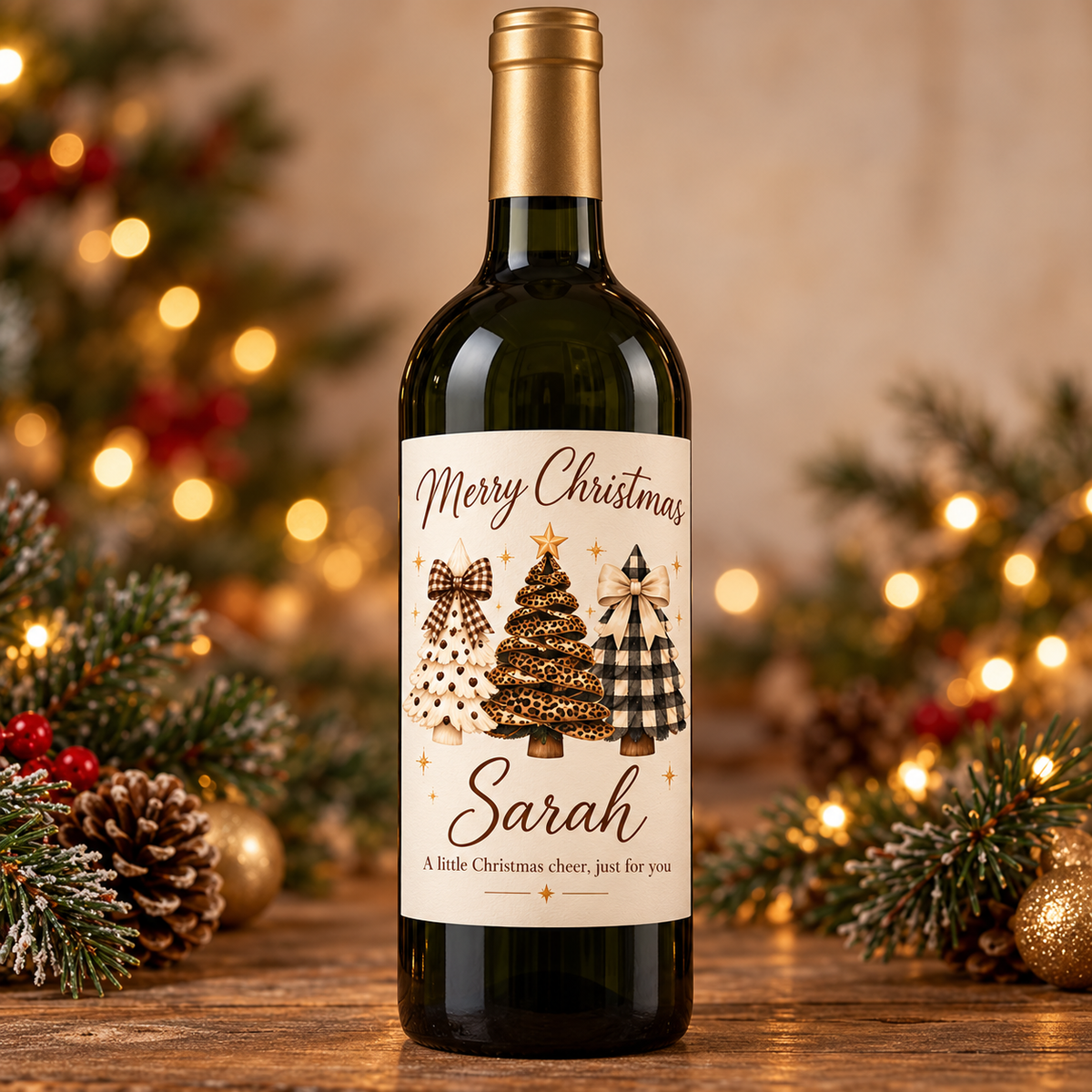 Personalised Christmas Wine Label – Festive Trees