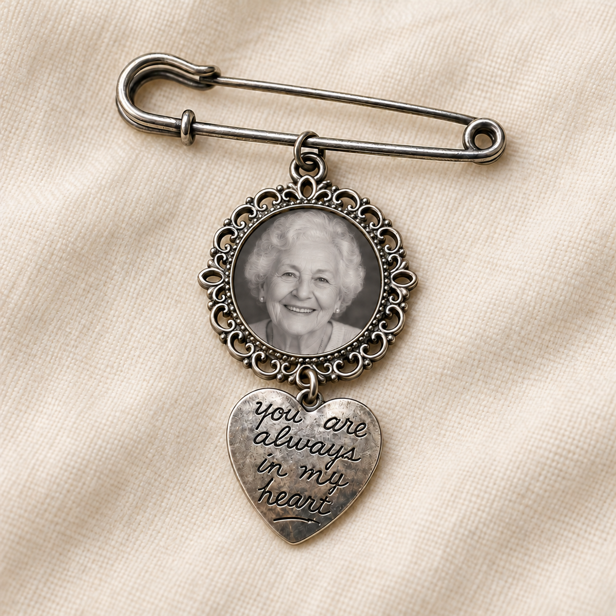 Personalised Round Memorial Photo Brooch with Heart