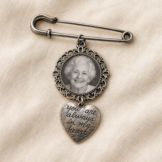 Personalised Round Memorial Photo Brooch with Heart
