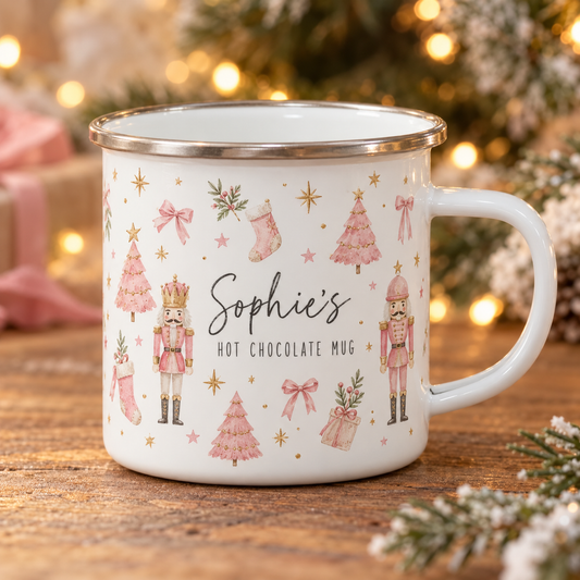 Personalised Pink Nutcracker Enamel Christmas Mug