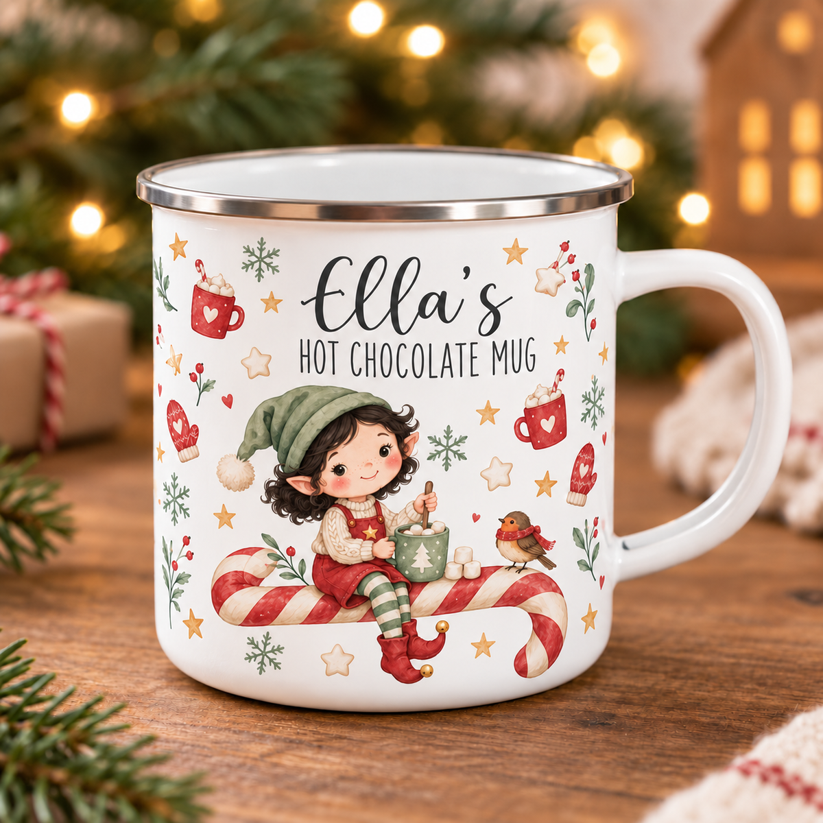 Personalised Christmas Elf Enamel Mug