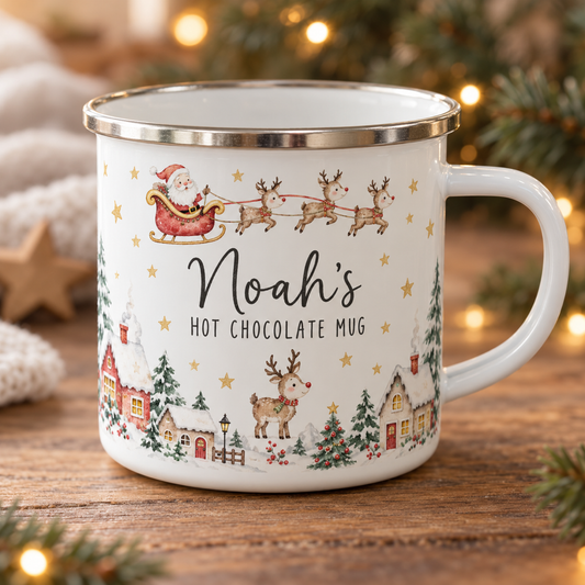 Personalised Santa & Reindeer Enamel Christmas Mug